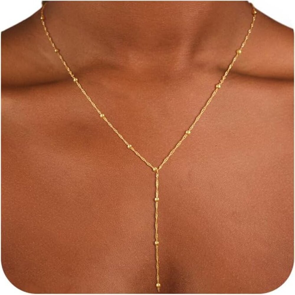 Gold Layered Y Necklace Brass 16.5 in Long Pendant Beaded Bead Chain Jewelry